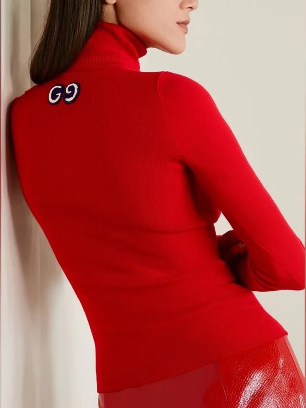 Gucci Red Turtleneck Sweater Size M Wool Knit GG Logo Top Full Set